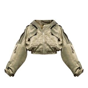 PrettyLittleThing Sage Green Satin Oversized Hooded Pocket Bomber Jacket